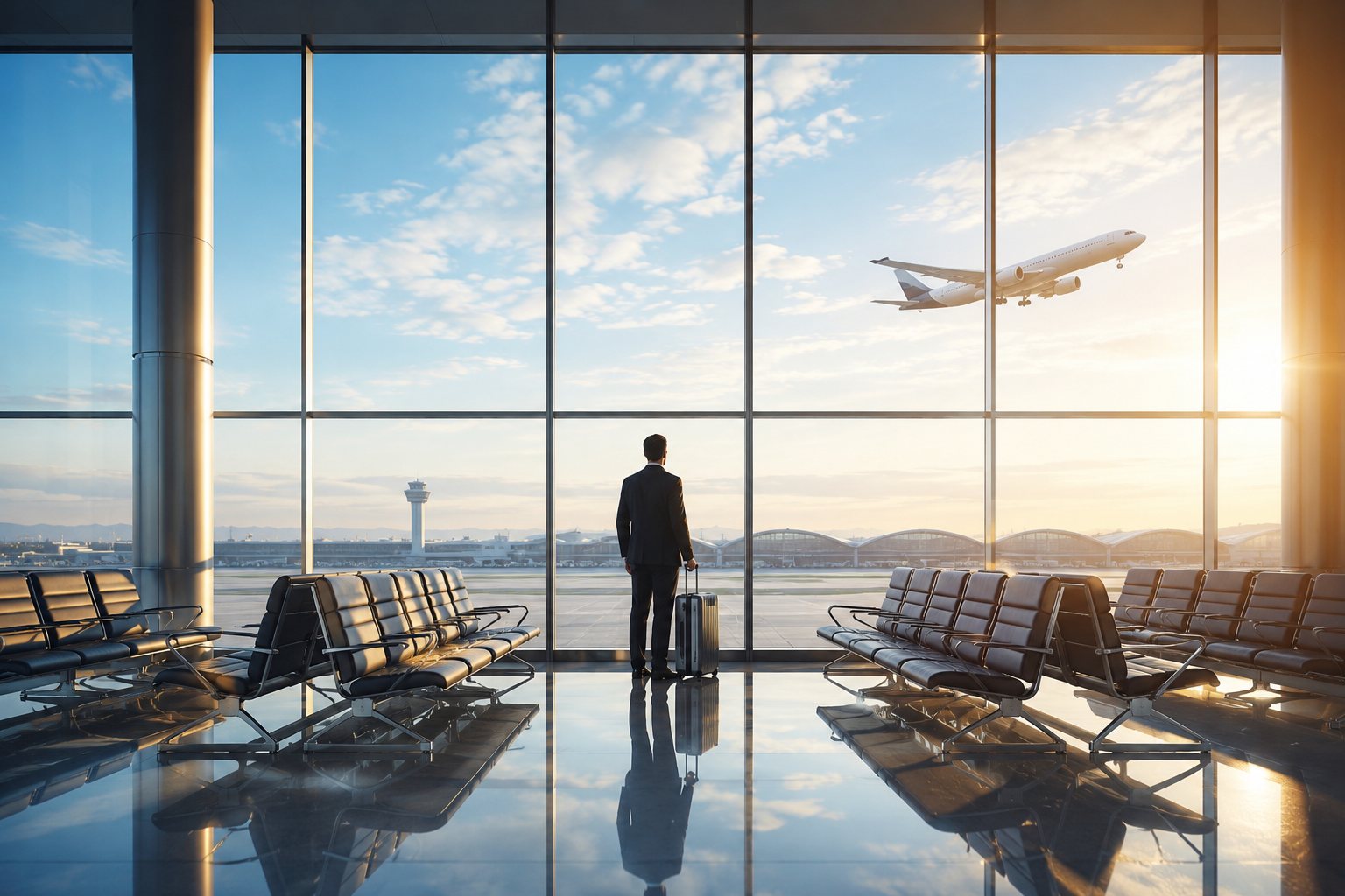 A traveller with a suitcase watching a plane take off through the floor-to-ceiling windows of an Istanbul Airport terminal at sunset