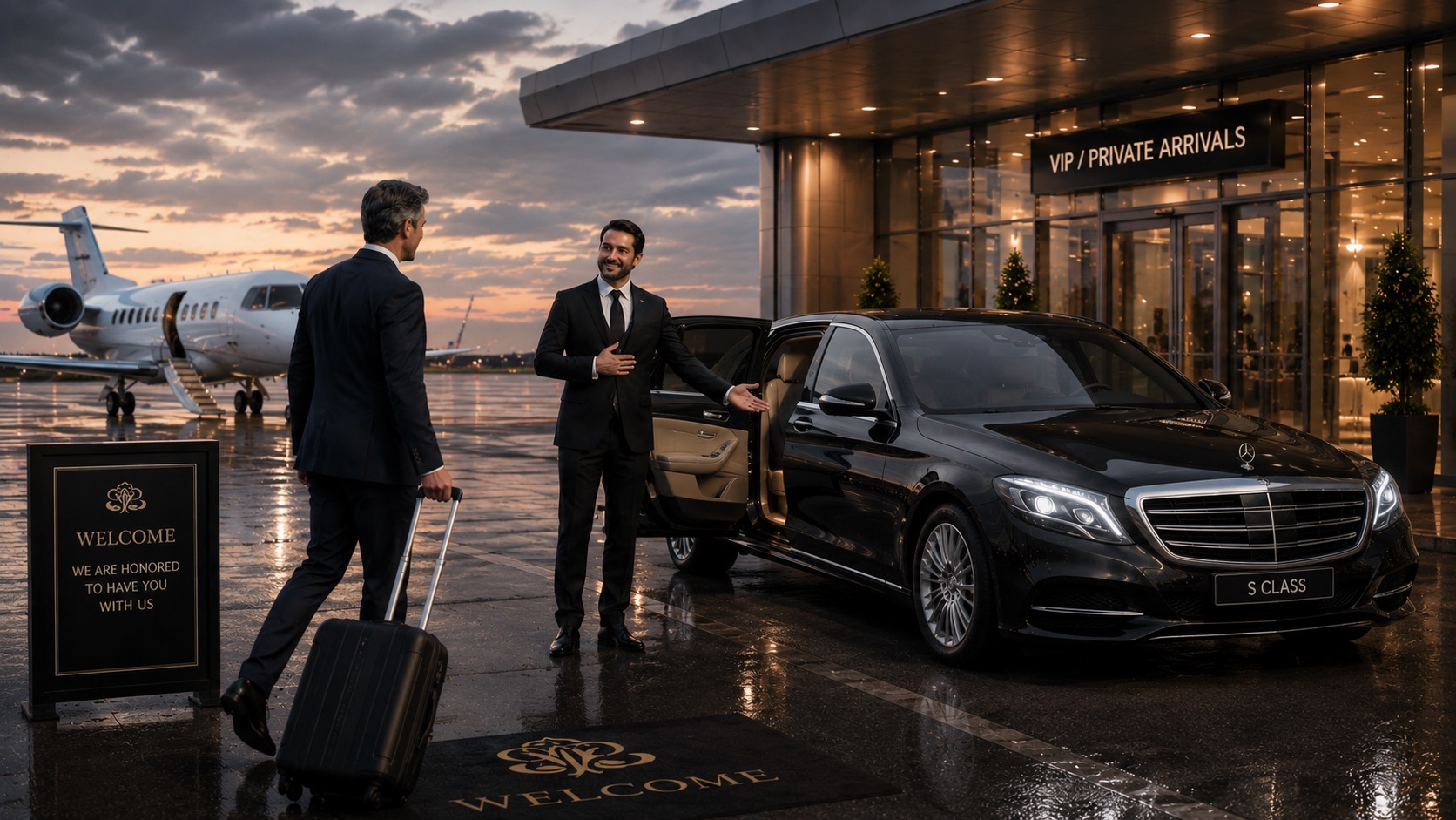A black Mercedes at the garden entrance of a landmark Istanbul hotel at dusk