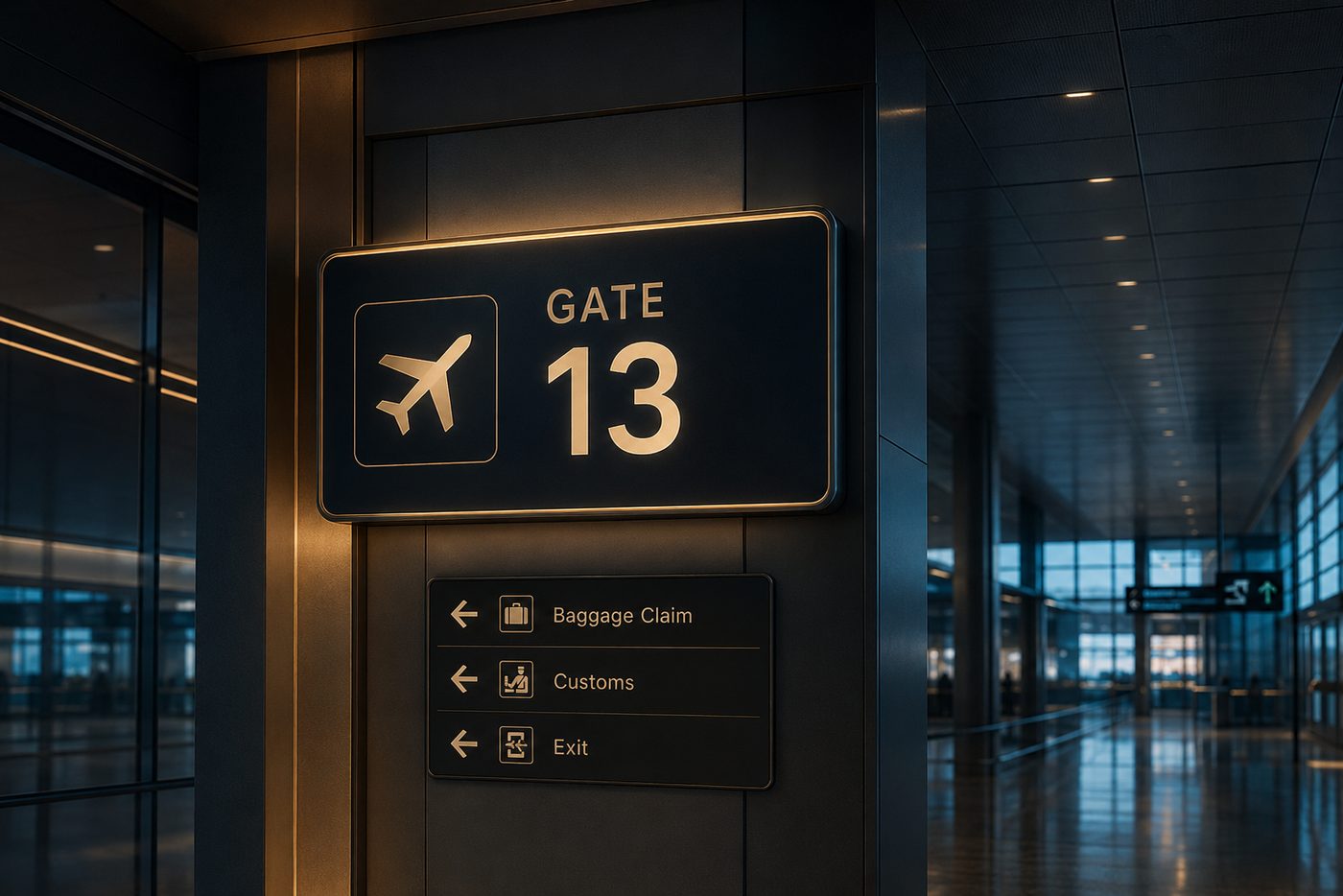 Chauffeur in a suit holding a black-and-gold PRIME WELCOME name sign by the Gate 13 arrivals sign
